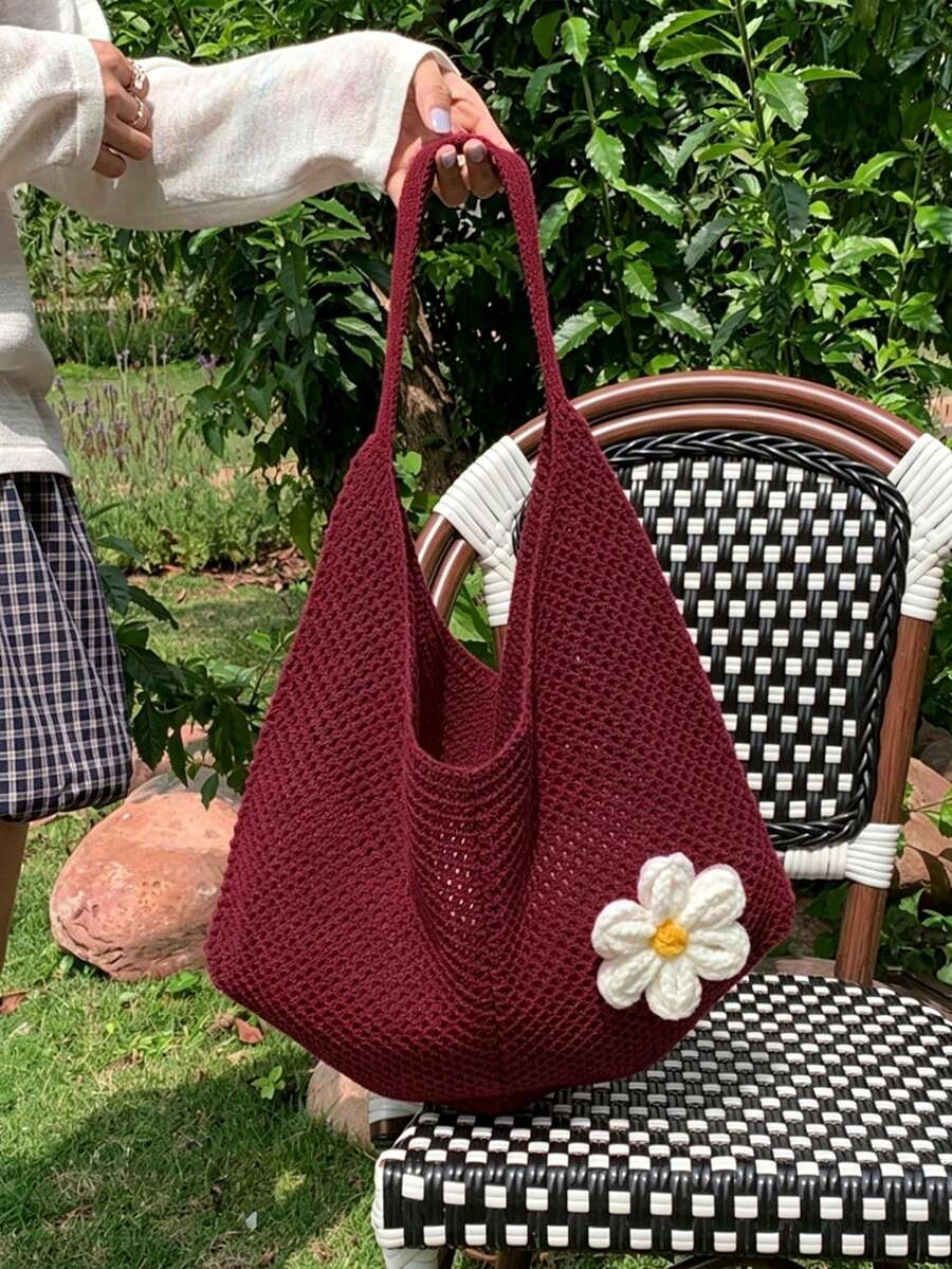 Yogodlns Hollow Woven Bohemian Style Large Capacity Slouchy Beach Tote Shopping Bag Women's Casual Crochet Flower Beach Bag