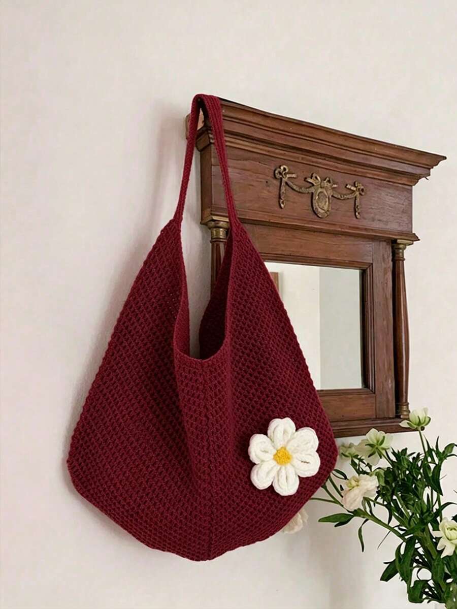 Yogodlns Hollow Woven Bohemian Style Large Capacity Slouchy Beach Tote Shopping Bag Women's Casual Crochet Flower Beach Bag