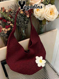 Yogodlns Hollow Woven Bohemian Style Large Capacity Slouchy Beach Tote Shopping Bag Women's Casual Crochet Flower Beach Bag