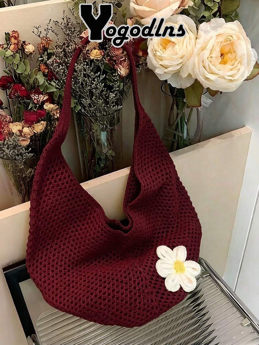 Yogodlns Hollow Woven Bohemian Style Large Capacity Slouchy Beach Tote Shopping Bag Women's Casual Crochet Flower Beach Bag