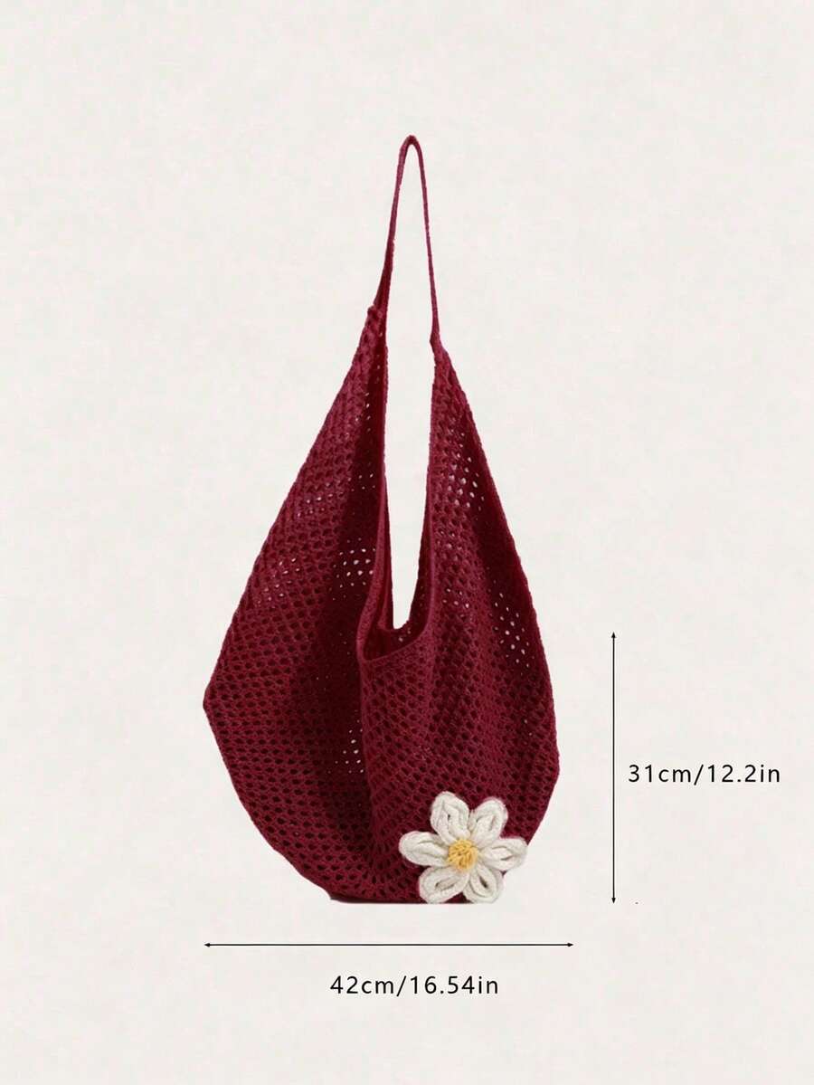 Yogodlns Hollow Woven Bohemian Style Large Capacity Slouchy Beach Tote Shopping Bag Women's Casual Crochet Flower Beach Bag
