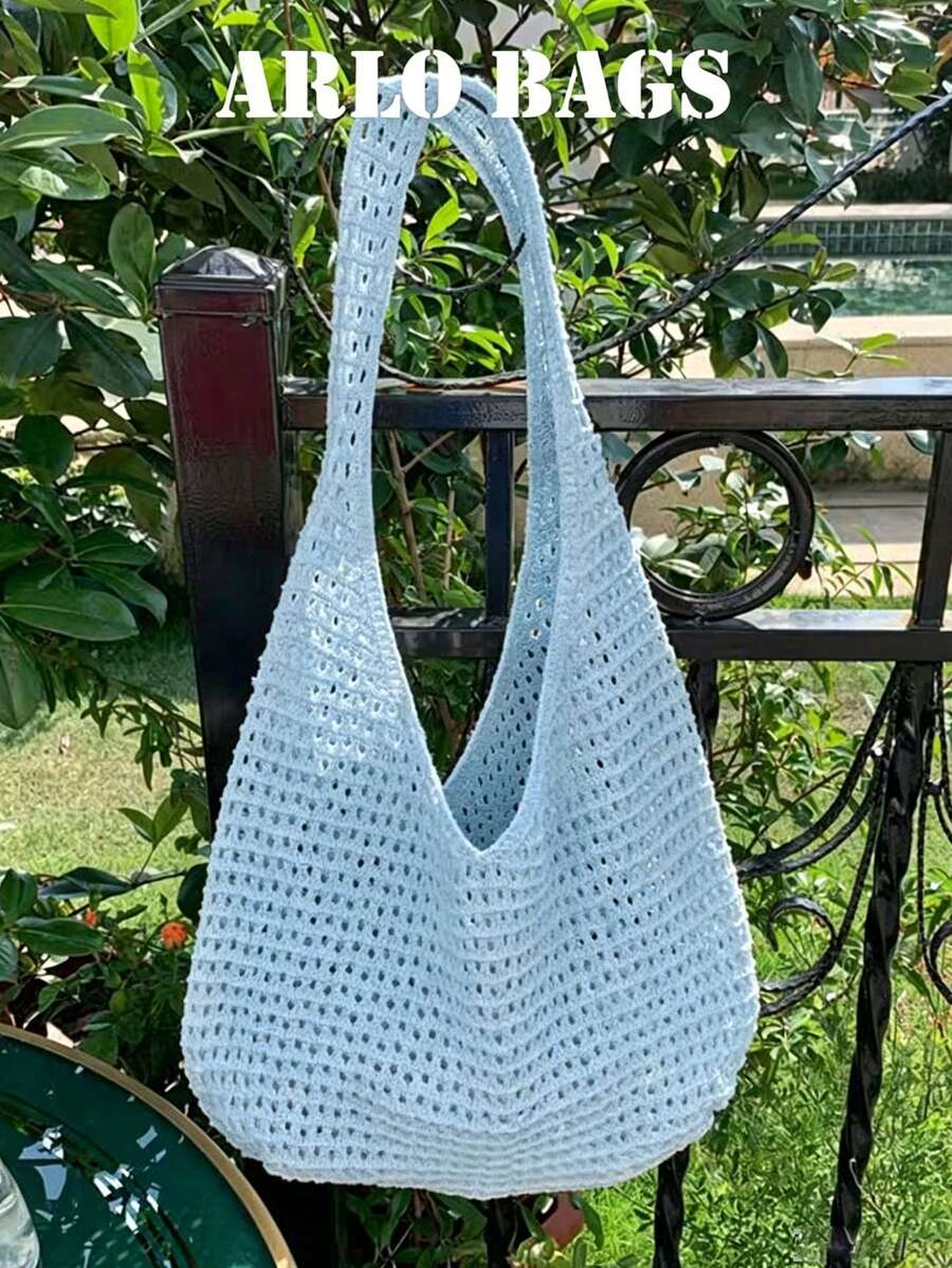 This Pure White Woven Fabric Tote Bag Has A Large Capacity, Made Of Breathable Lightweight Material, With A Casual Hollow Crochet Design, Very Suitable For Students, Young Women, And Leisure Vacation