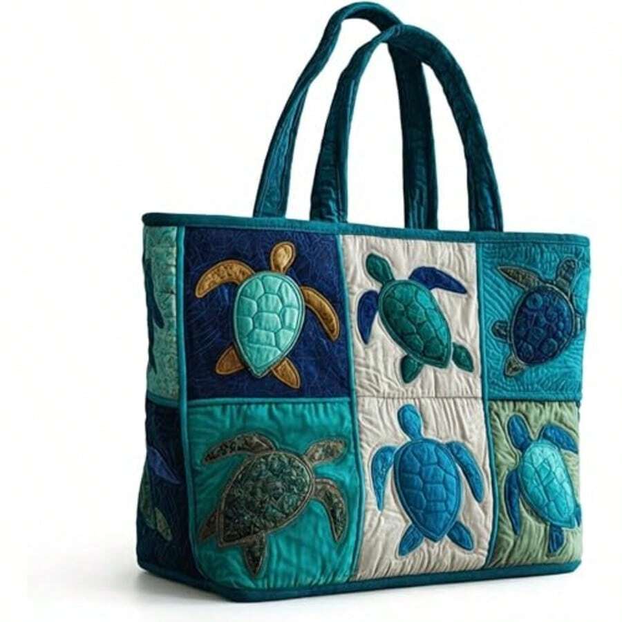 Quilted Tote Bag For Women For Women With Sea Turtle Patchwork Design, Machine Washable Canvas Beach Bag, Vacation, Shopping And Everyday Use