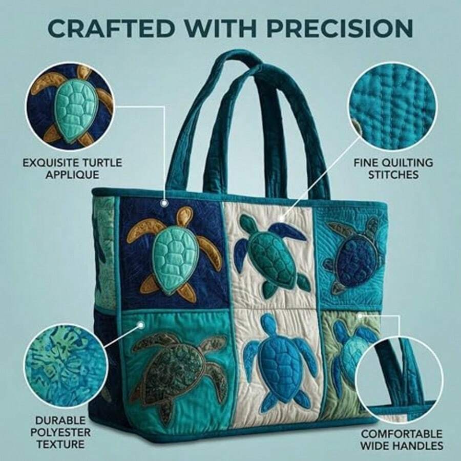 Quilted Tote Bag For Women For Women With Sea Turtle Patchwork Design, Machine Washable Canvas Beach Bag, Vacation, Shopping And Everyday Use