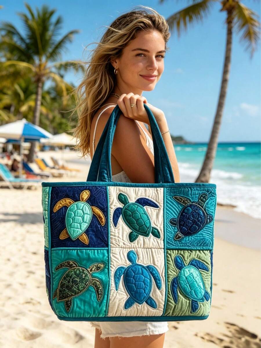 Quilted Tote Bag For Women For Women With Sea Turtle Patchwork Design, Machine Washable Canvas Beach Bag, Vacation, Shopping And Everyday Use