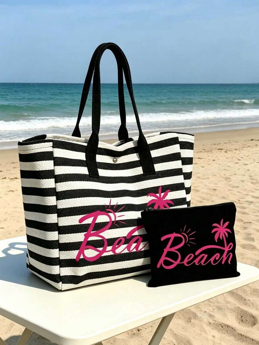 Striped Large Capacity Beach Tote Bag Set, Casual Woven Beach Bag With Zipper Storage Pocket, Lightweight Summer Travel Beach Bag Suitable For Beach Outings, Pool Parties, Vacations And Daily Shopping