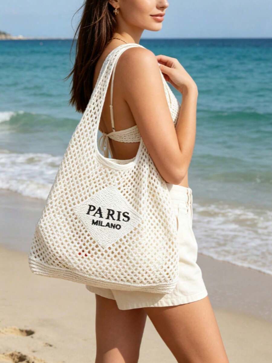 Women's Tote Bag- Vacation Style Paris Letter Embroidery Beach Bag, Vintage Hollow Breathable Beach & Travel Bag, Casual Shopping Accessory