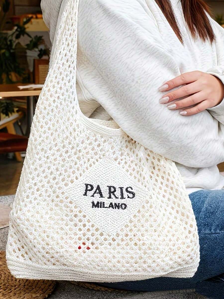Women's Tote Bag- Vacation Style Paris Letter Embroidery Beach Bag, Vintage Hollow Breathable Beach & Travel Bag, Casual Shopping Accessory