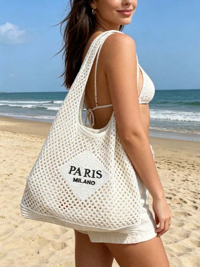 Women's Tote Bag- Vacation Style Paris Letter Embroidery Beach Bag