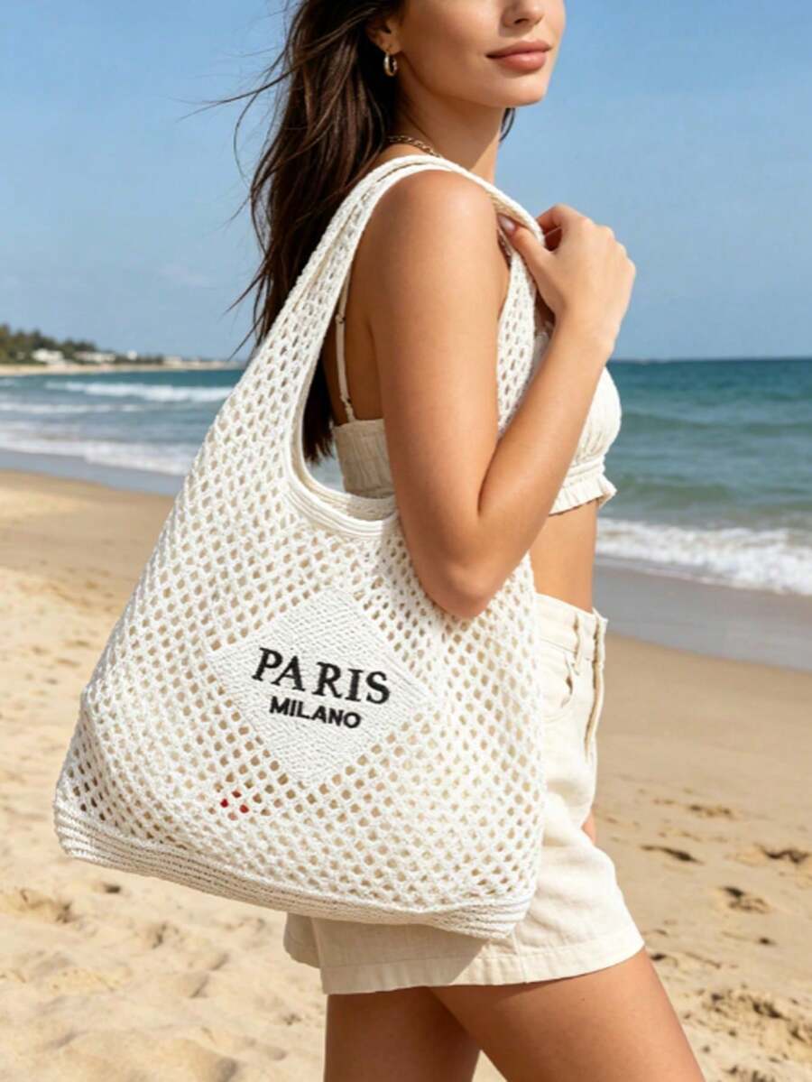 Women's Tote Bag- Vacation Style Paris Letter Embroidery Beach Bag, Vintage Hollow Breathable Beach & Travel Bag, Casual Shopping Accessory