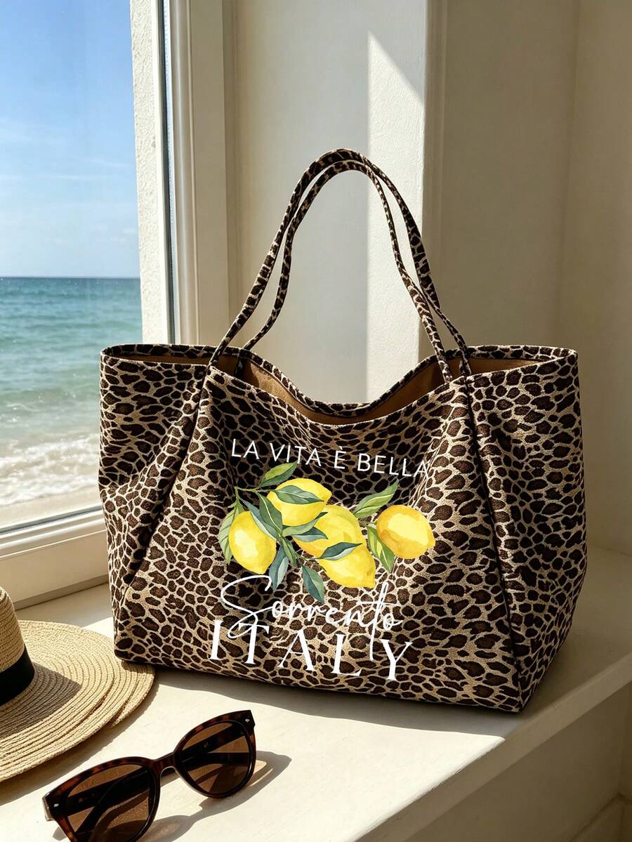 "Lemon Sorrento Italy" Pattern Large Capacity Women's Fashion Leopard Print Tote Bag Set, Vintage Style Foldable Tote Bag Shoulder Bag, Artistic Fresh Student Tote Bag, Durable Handles, Fashion Access