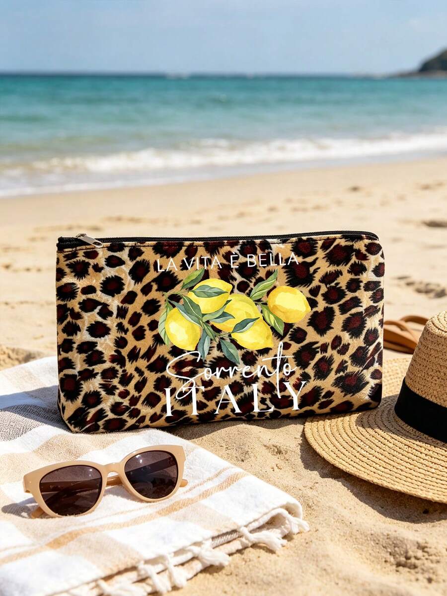 "Lemon Sorrento Italy" Pattern Large Capacity Women's Fashion Leopard Print Tote Bag Set, Vintage Style Foldable Tote Bag Shoulder Bag, Artistic Fresh Student Tote Bag, Durable Handles, Fashion Access