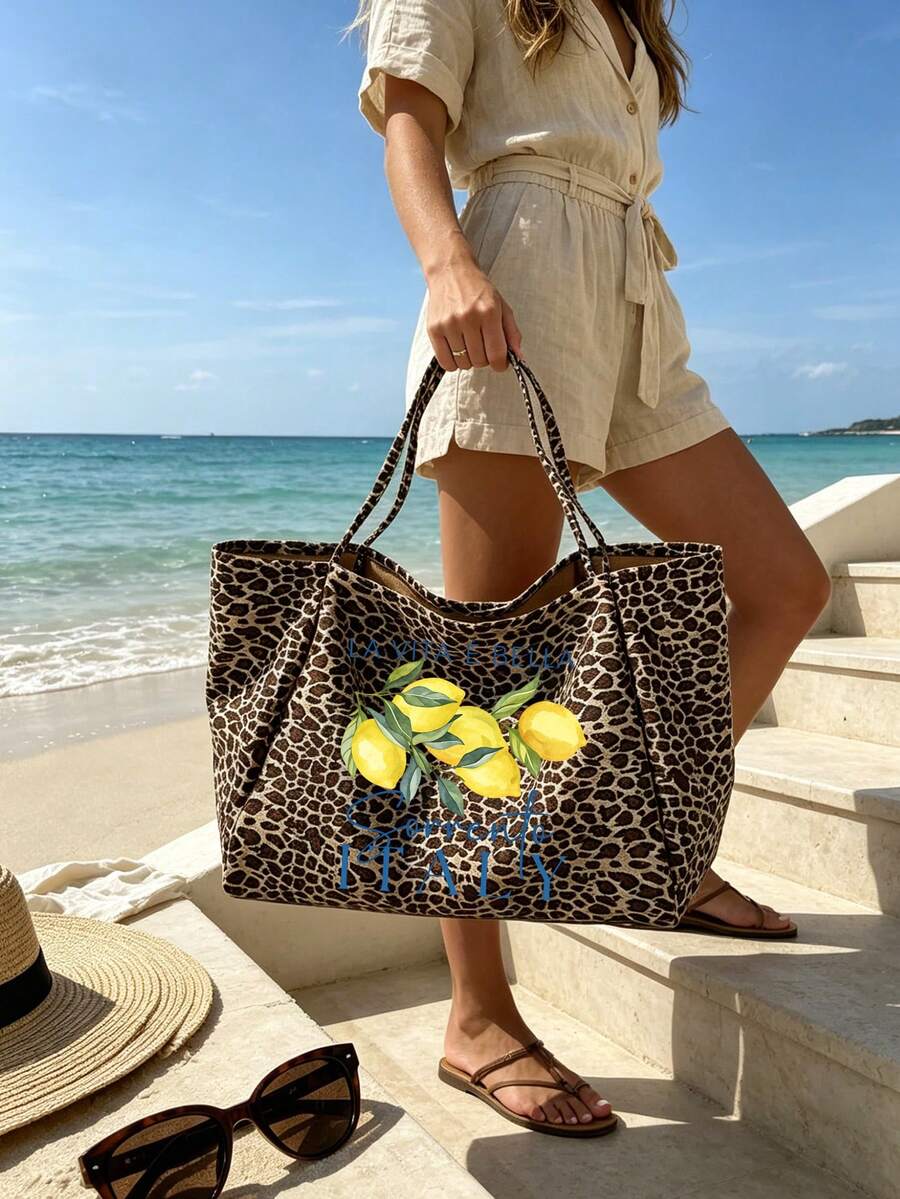 "Lemon Sorrento Italy" Pattern Large Capacity Women's Fashion Leopard Print Tote Bag Set, Vintage Style Foldable Tote Bag Shoulder Bag, Artistic Fresh Student Tote Bag, Durable Handles, Fashion Access