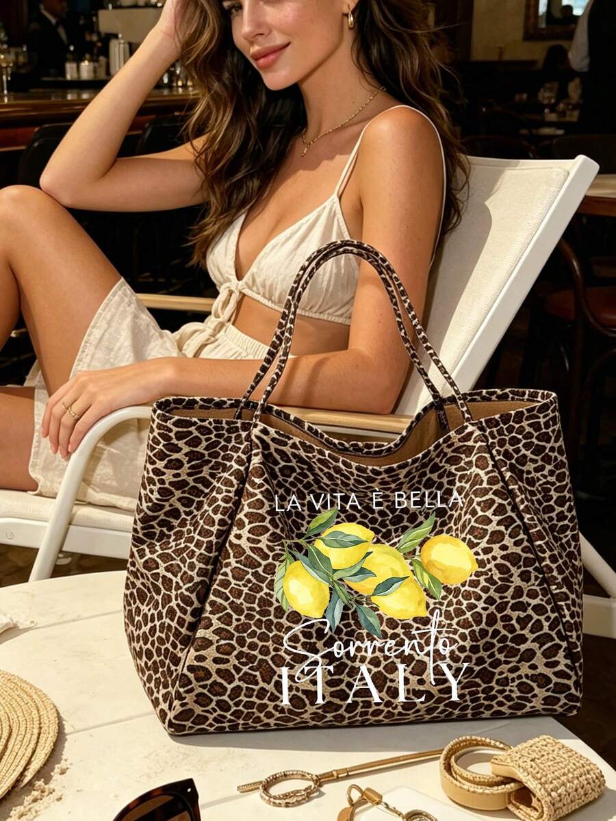 "Lemon Sorrento Italy" Pattern Large Capacity Women's Fashion Leopard Print Tote Bag Set, Vintage Style Foldable Tote Bag Shoulder Bag, Artistic Fresh Student Tote Bag, Durable Handles, Fashion Access