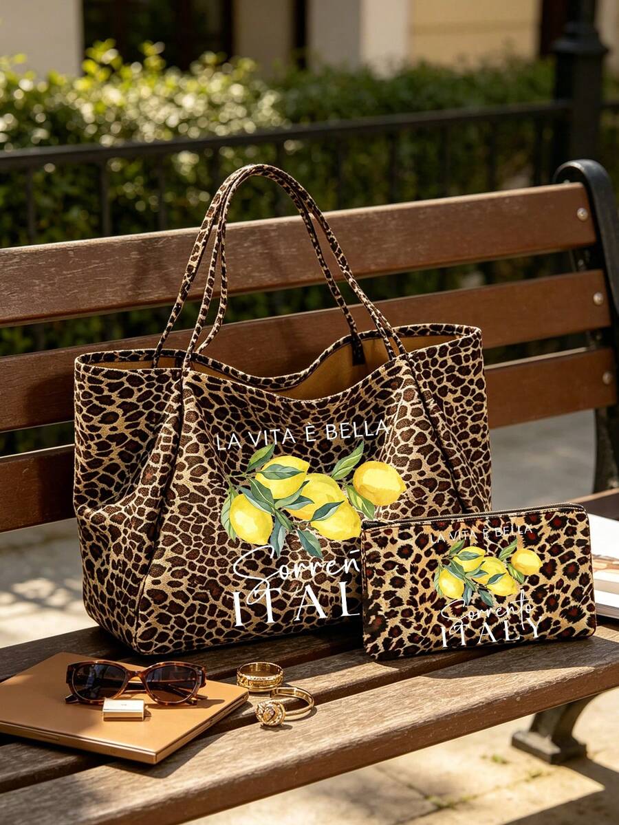 "Lemon Sorrento Italy" Pattern Large Capacity Women's Fashion Leopard Print Tote Bag Set, Vintage Style Foldable Tote Bag Shoulder Bag, Artistic Fresh Student Tote Bag, Durable Handles, Fashion Access
