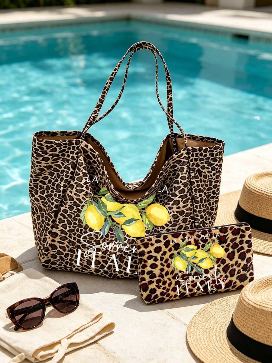 "Lemon Sorrento Italy" Pattern Large Capacity Women's Fashion Leopard Print Tote Bag Set, Vintage Style Foldable Tote Bag Shoulder Bag, Artistic Fresh Student Tote Bag, Durable Handles, Fashion Access
