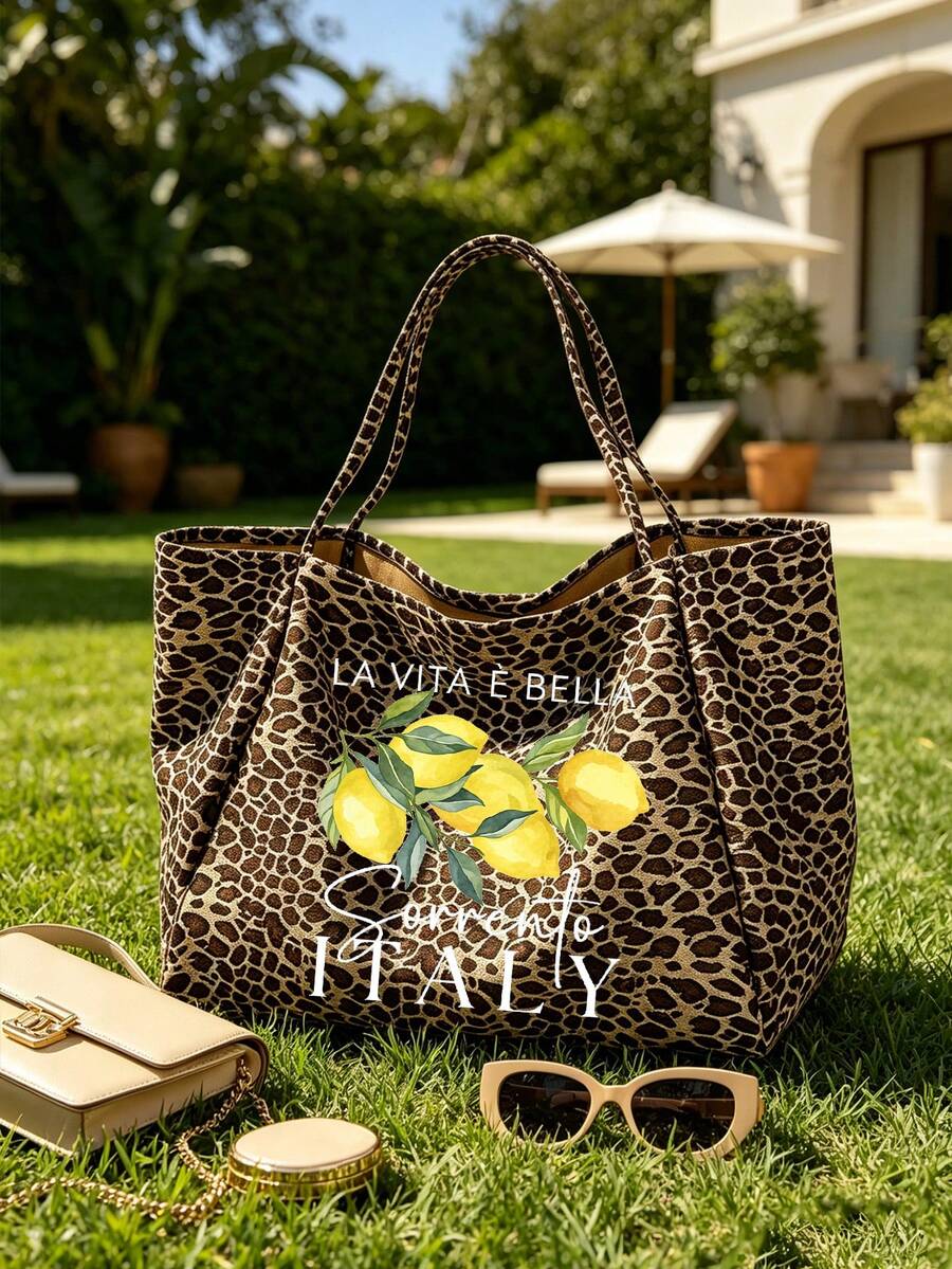 "Lemon Sorrento Italy" Pattern Large Capacity Women's Fashion Leopard Print Tote Bag Set, Vintage Style Foldable Tote Bag Shoulder Bag, Artistic Fresh Student Tote Bag, Durable Handles, Fashion Access