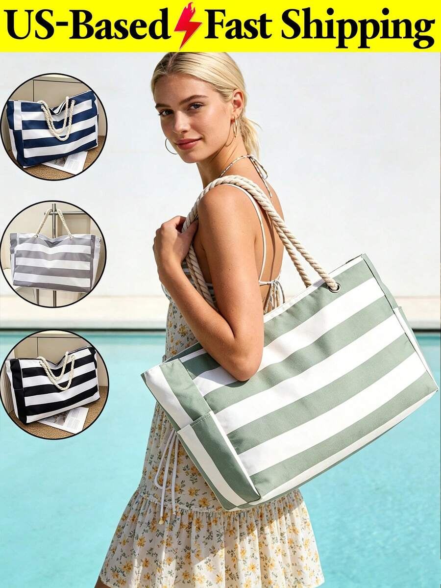 Beach Bags For Women Large Waterproof Beach Tote Bag Canvas Shoulder Bag Swim Pool Bag Casual Stripe Design Tote Bag Travel Essential Vacation