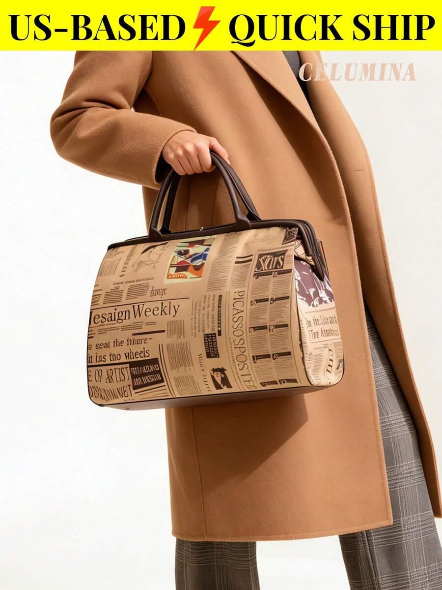Ladies' Vintage Newspaper Print Canvas Handbag Elegant Tote Bag Large Purses Beach Bag For Everyday Back To School Travel Essential Birthday Gift