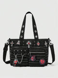 ROMWE Grunge Punk Dark Punk Academy Wind Striped Gas Eye Cross Badge Pendant Large Capacity Multi Pocket Tote Bag, Fashionable Casual Shoulder Bag, Suitable For Daily C