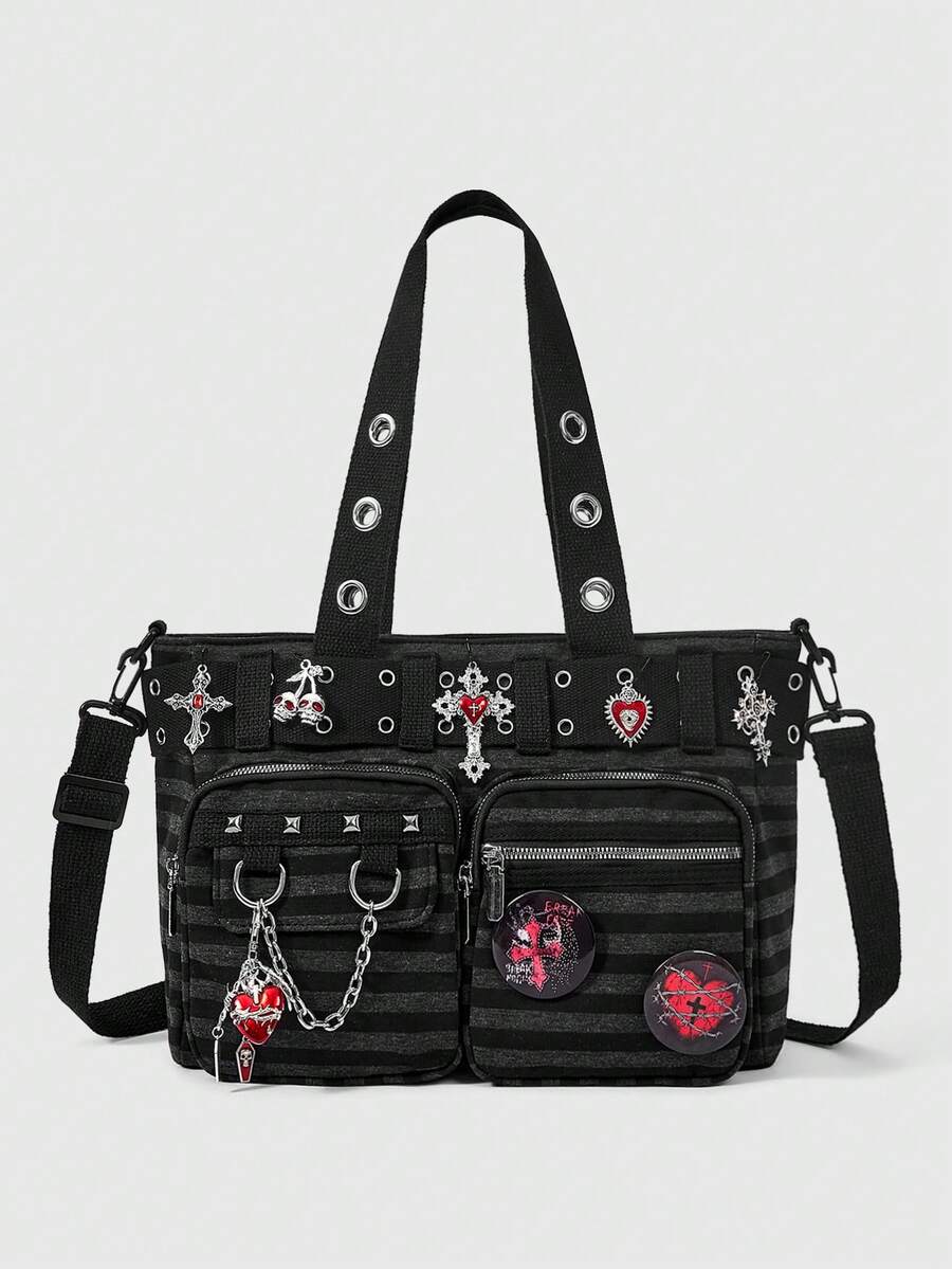 ROMWE Grunge Punk Dark Punk Academy Wind Striped Gas Eye Cross Badge Pendant Large Capacity Multi Pocket Tote Bag, Fashionable Casual Shoulder Bag, Suitable For Daily C