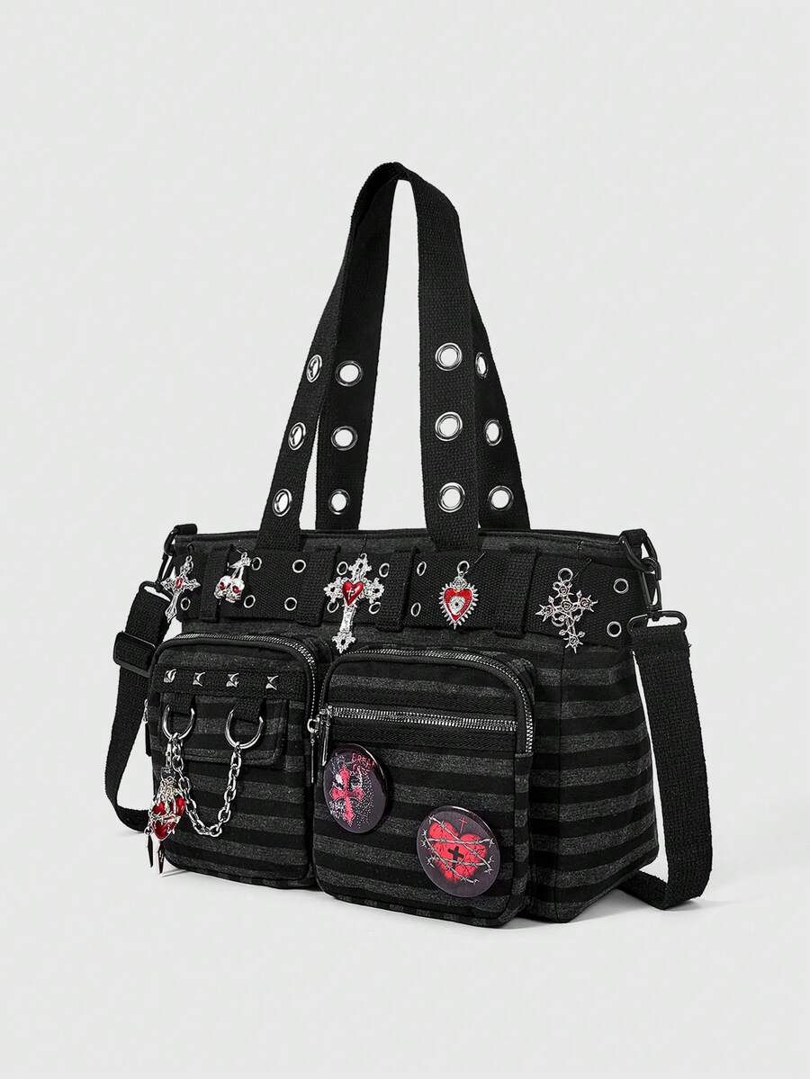 ROMWE Grunge Punk Dark Punk Academy Wind Striped Gas Eye Cross Badge Pendant Large Capacity Multi Pocket Tote Bag, Fashionable Casual Shoulder Bag, Suitable For Daily C