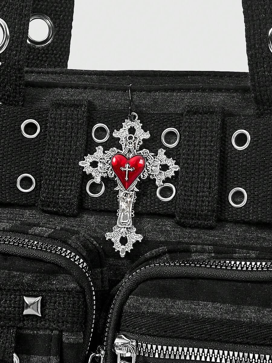 ROMWE Grunge Punk Dark Punk Academy Wind Striped Gas Eye Cross Badge Pendant Large Capacity Multi Pocket Tote Bag, Fashionable Casual Shoulder Bag, Suitable For Daily C