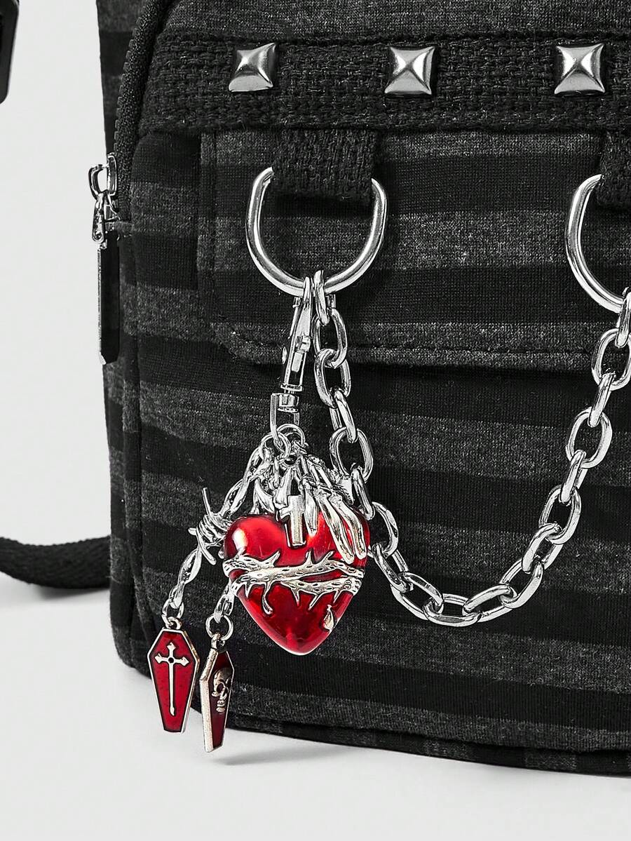 ROMWE Grunge Punk Dark Punk Academy Wind Striped Gas Eye Cross Badge Pendant Large Capacity Multi Pocket Tote Bag, Fashionable Casual Shoulder Bag, Suitable For Daily C
