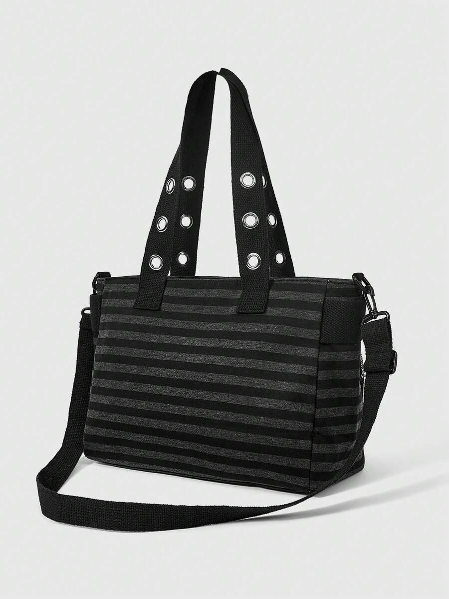 ROMWE Grunge Punk Dark Punk Academy Wind Striped Gas Eye Cross Badge Pendant Large Capacity Multi Pocket Tote Bag, Fashionable Casual Shoulder Bag, Suitable For Daily C