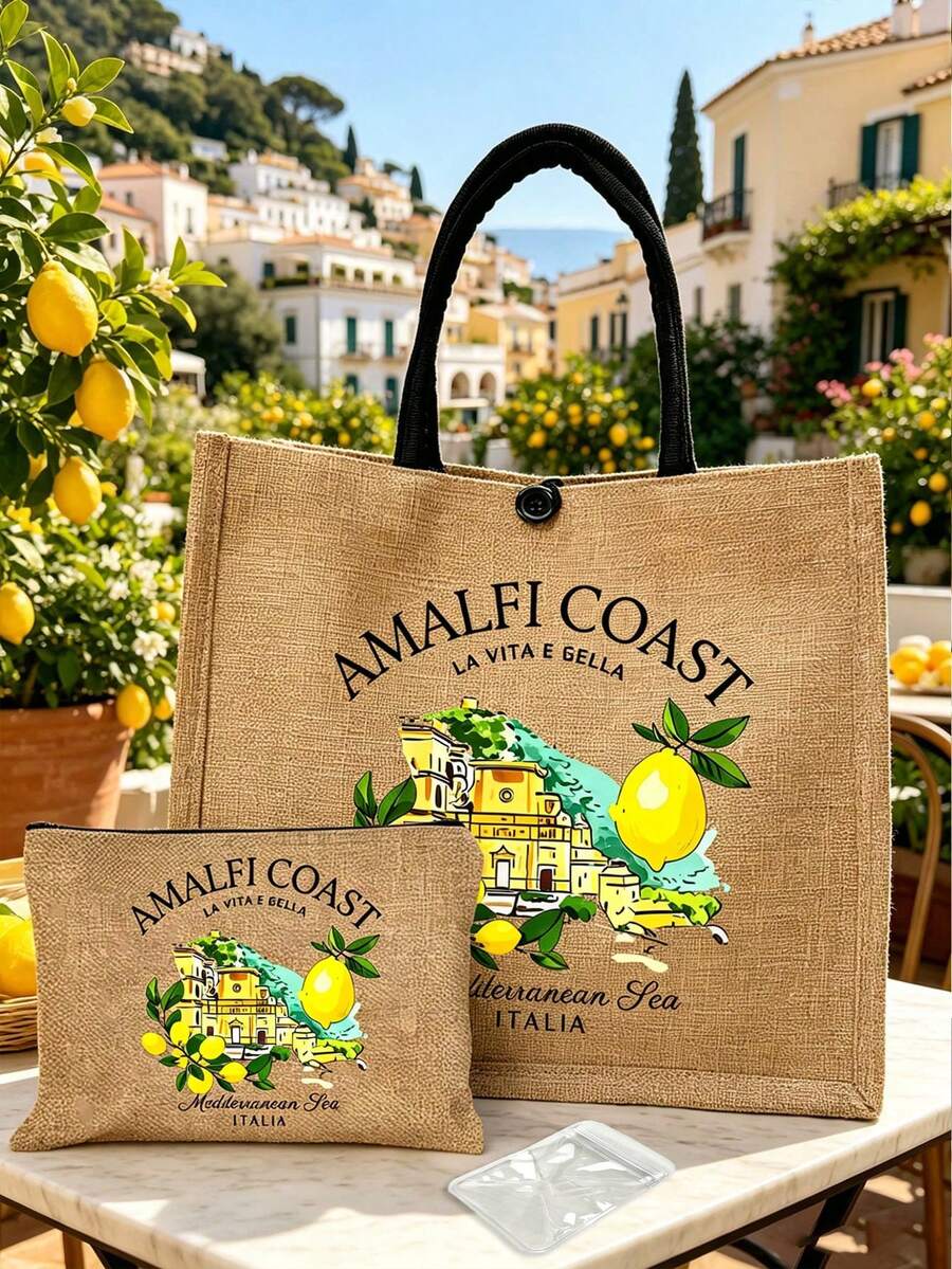 Creative Lemon And Letter Pattern Printed Linen Tote Bag, Shoulder Bag, Yellow Linen Square Shopping Handbag, Large Capacity Casual Storage Handbag, Reusable Grocery Bag For Men And Women Teachers, Or