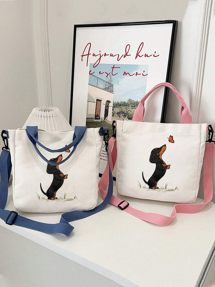 Cute Dachshund And Butterfly Print Tote Bag, Women's Handbag, Large Capacity Multifunctional Shoulder Bag, Crossbody Bag, Detachable And Adjustable Wide Strap, Lightweight And Durable Commuter Shoppin