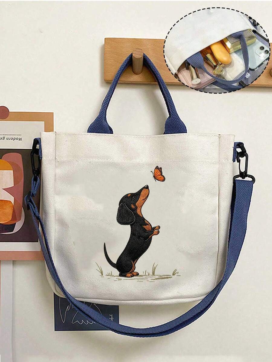 Cute Dachshund And Butterfly Print Tote Bag, Women's Handbag, Large Capacity Multifunctional Shoulder Bag, Crossbody Bag, Detachable And Adjustable Wide Strap, Lightweight And Durable Commuter Shoppin