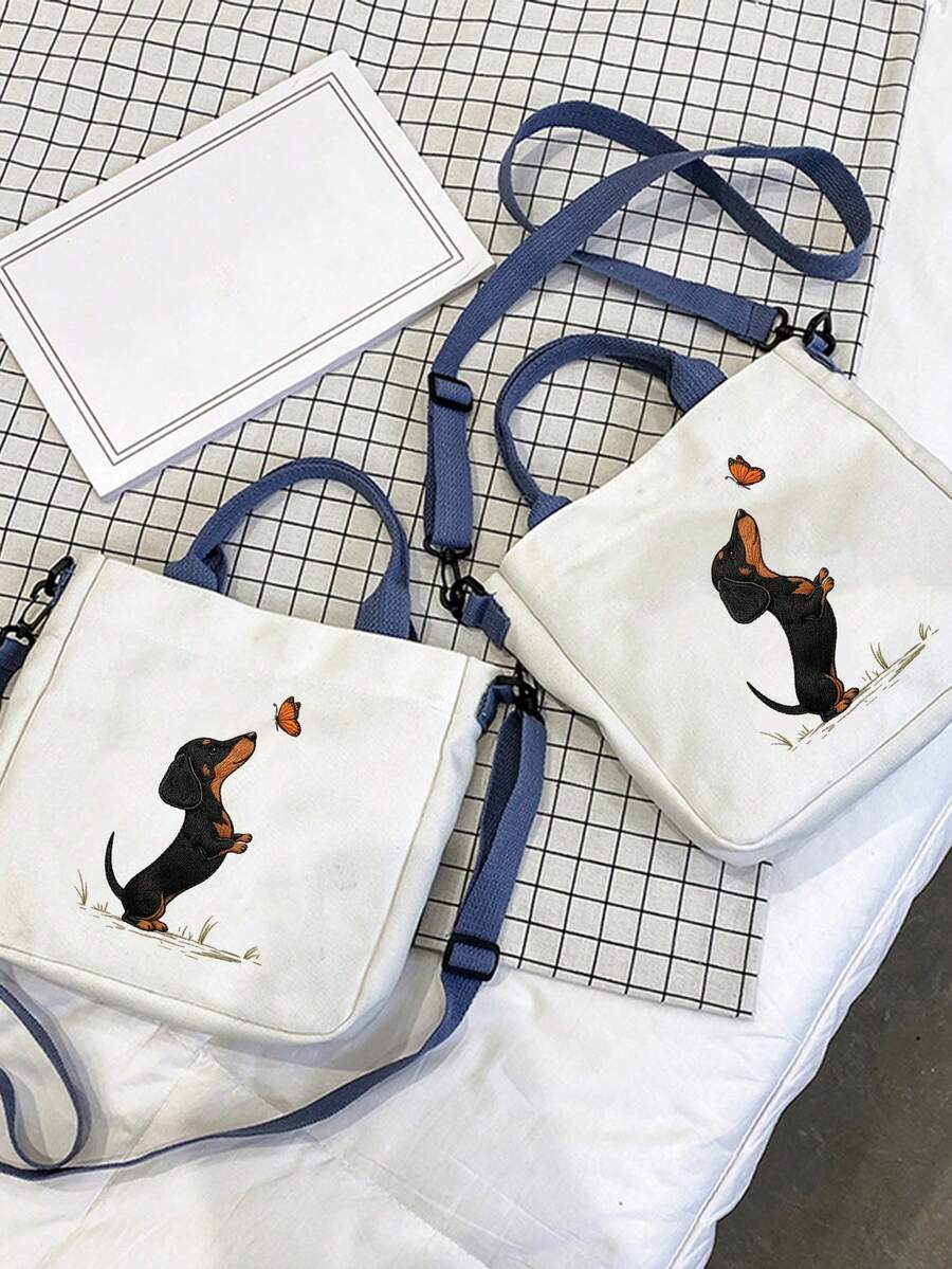 Cute Dachshund And Butterfly Print Tote Bag, Women's Handbag, Large Capacity Multifunctional Shoulder Bag, Crossbody Bag, Detachable And Adjustable Wide Strap, Lightweight And Durable Commuter Shoppin