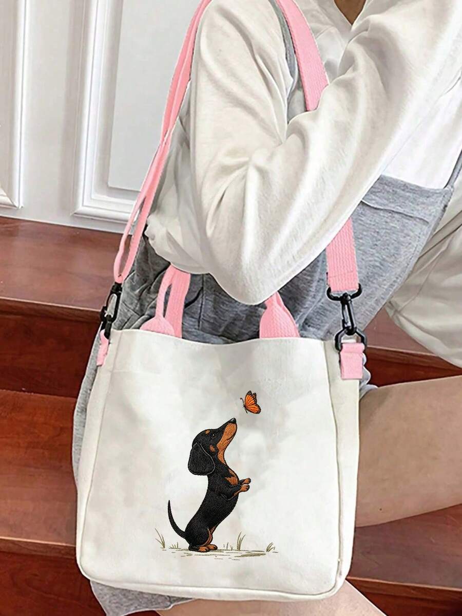 Cute Dachshund And Butterfly Print Tote Bag, Women's Handbag, Large Capacity Multifunctional Shoulder Bag, Crossbody Bag, Detachable And Adjustable Wide Strap, Lightweight And Durable Commuter Shoppin