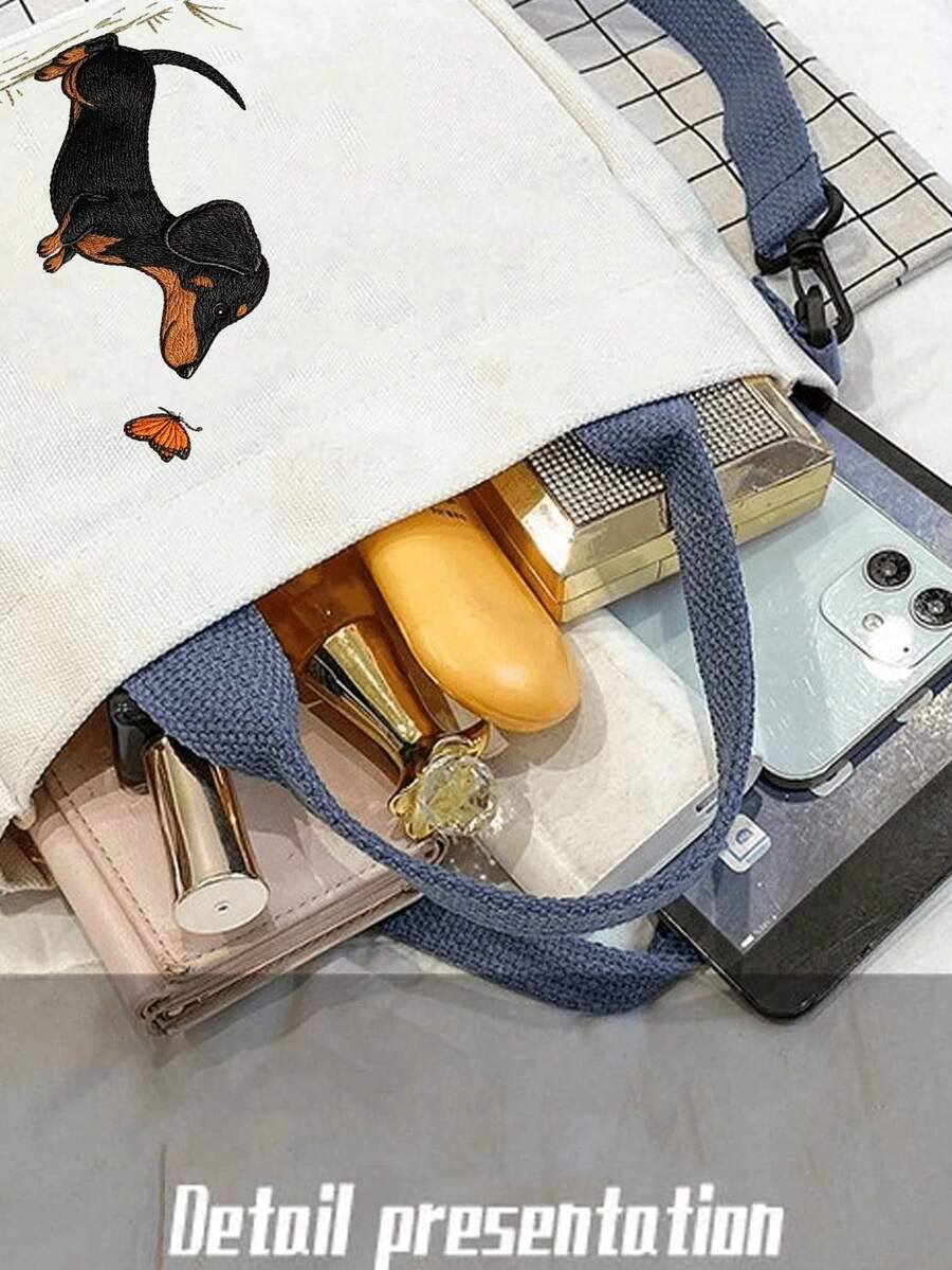Cute Dachshund And Butterfly Print Tote Bag, Women's Handbag, Large Capacity Multifunctional Shoulder Bag, Crossbody Bag, Detachable And Adjustable Wide Strap, Lightweight And Durable Commuter Shoppin