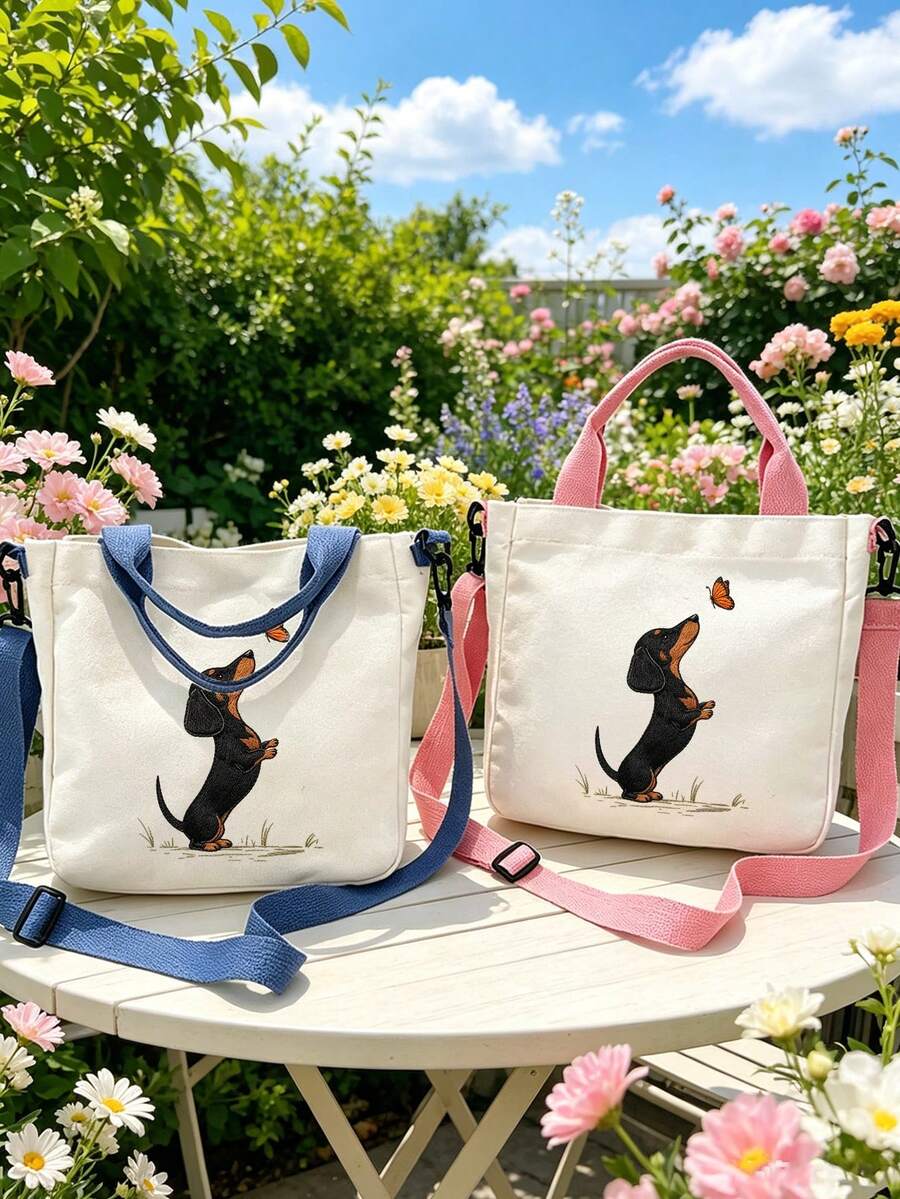 Cute Dachshund And Butterfly Print Tote Bag, Women's Handbag, Large Capacity Multifunctional Shoulder Bag, Crossbody Bag, Detachable And Adjustable Wide Strap, Lightweight And Durable Commuter Shoppin