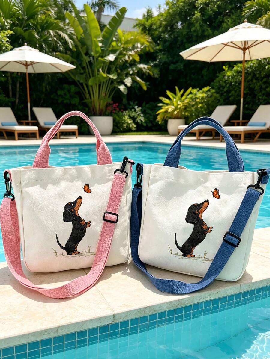 Cute Dachshund And Butterfly Print Tote Bag, Women's Handbag, Large Capacity Multifunctional Shoulder Bag, Crossbody Bag, Detachable And Adjustable Wide Strap, Lightweight And Durable Commuter Shoppin