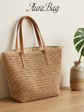 Woven Straw Large Tote Bag, Women PU Handle Casual Beach Daily Shoulder Handbag