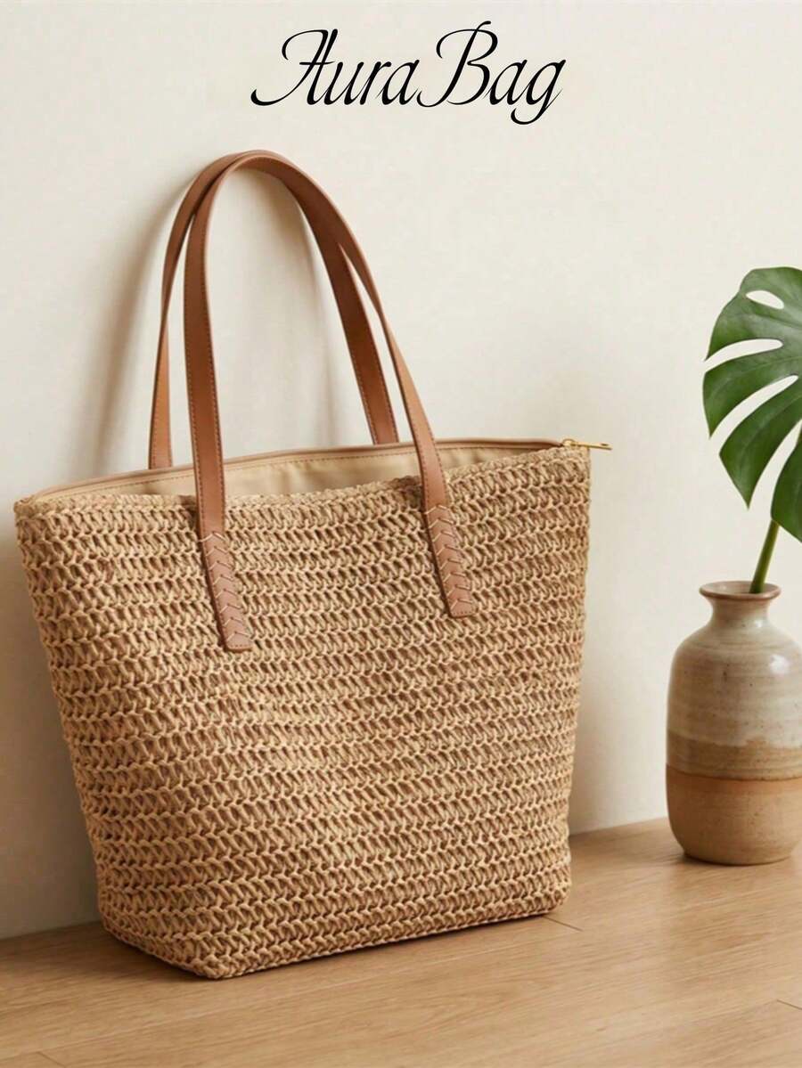 Woven Straw Large Tote Bag, Women PU Handle Casual Beach Daily Shoulder Handbag