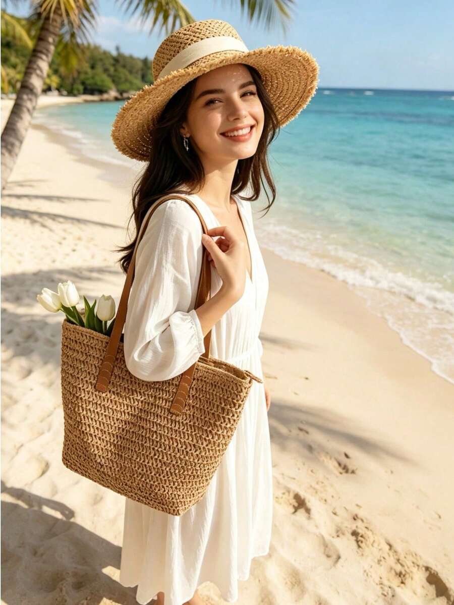 Woven Straw Large Tote Bag, Women PU Handle Casual Beach Daily Shoulder Handbag