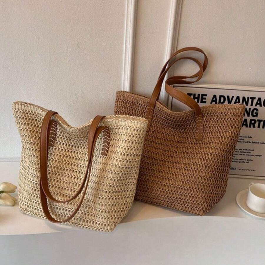 Woven Straw Large Tote Bag, Women PU Handle Casual Beach Daily Shoulder Handbag