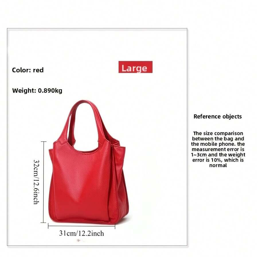 2 Pieces Of Ladies' Retro Tote Bag. Large Red Artificial Leather Handbag. Zippered Closure. Fixed Shoulder Strap. Heavy-Duty Travel Shopping Wallet.