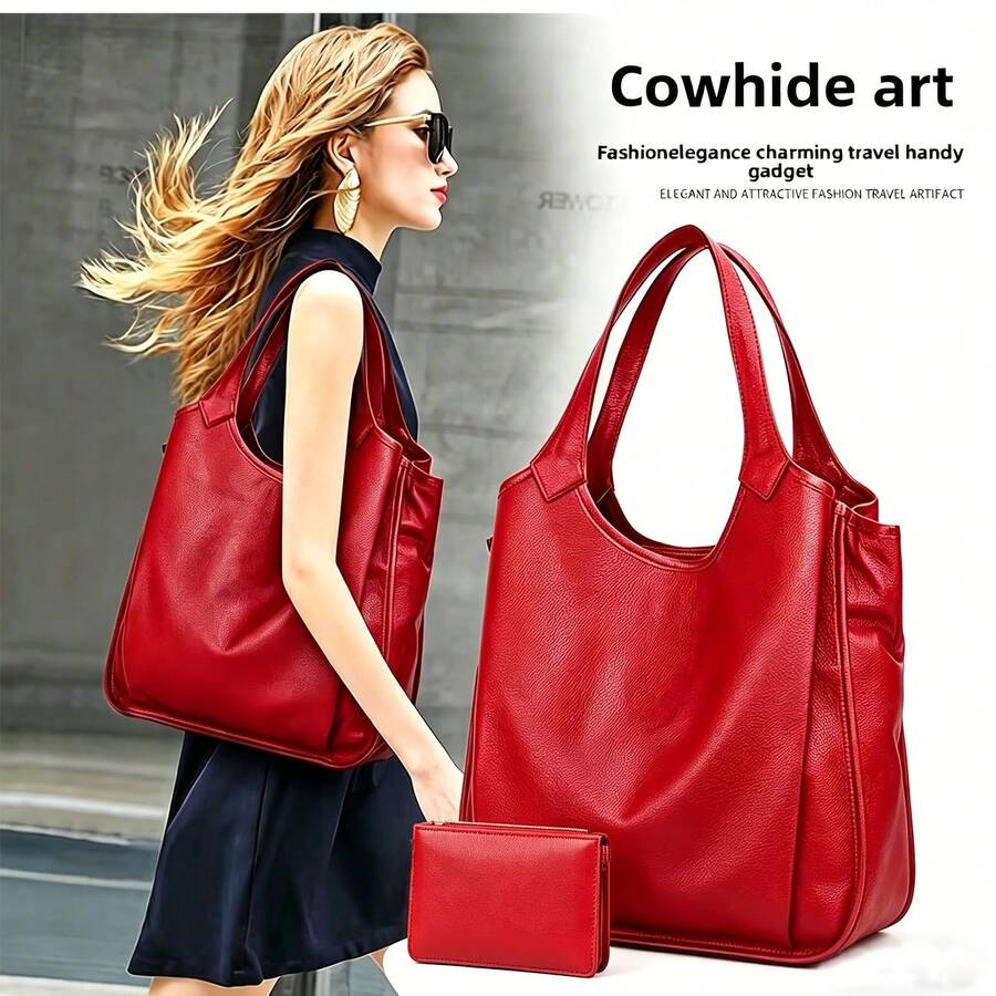 2 Pieces Of Ladies' Retro Tote Bag. Large Red Artificial Leather Handbag. Zippered Closure. Fixed Shoulder Strap. Heavy-Duty Travel Shopping Wallet.