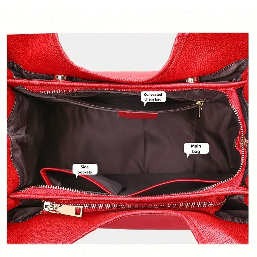 2 Pieces Of Ladies' Retro Tote Bag. Large Red Artificial Leather Handbag. Zippered Closure. Fixed Shoulder Strap. Heavy-Duty Travel Shopping Wallet.