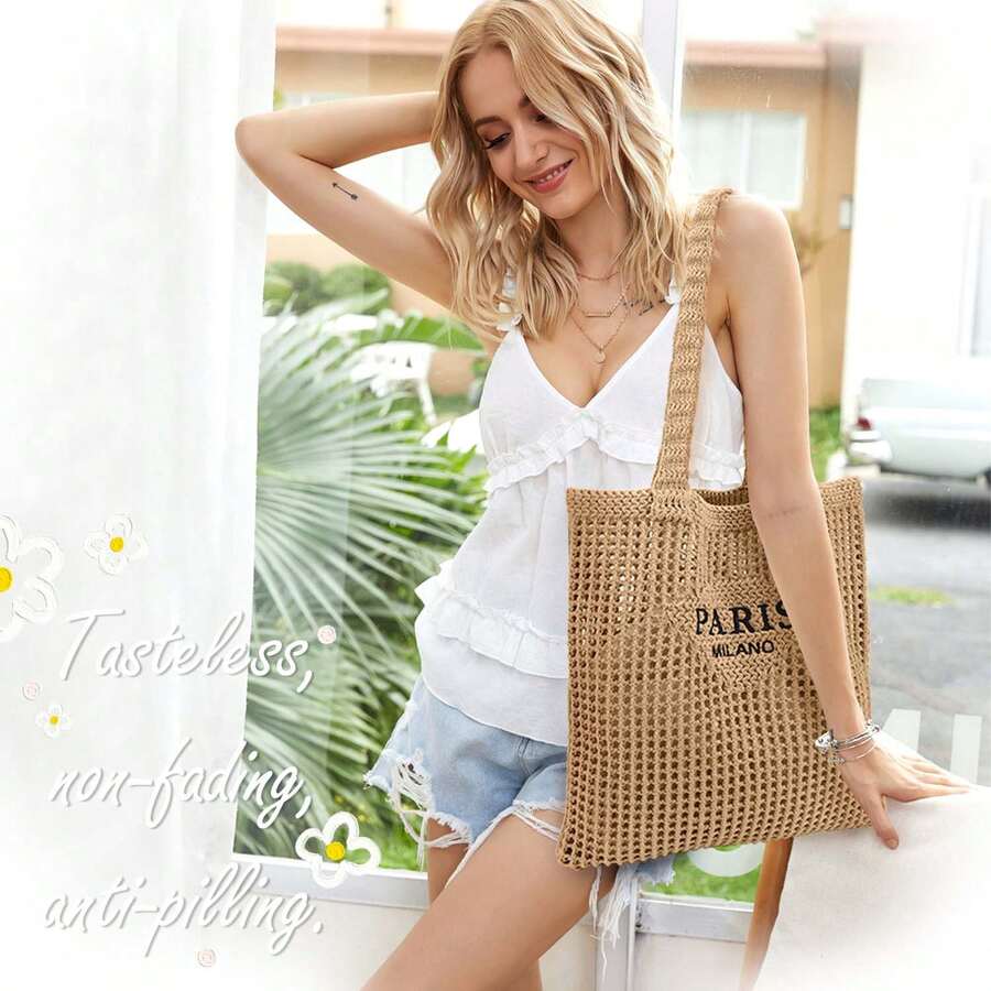 Women's Crochet Tote Bag- Mesh Beach & Summer Vacation Boho Knit Aesthetic, Versatile Beach Tote Bag With Embroidered Hollow Letter Shoulder Bag