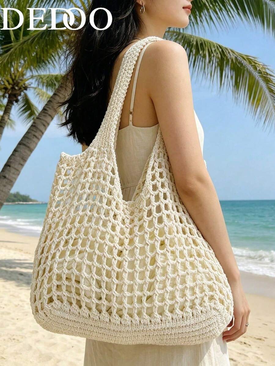 Dedoo Cream White Hollow Knit Large Capacity Tote Bag, Mesh Shopping Bag, Practical Shoulder Bag, Suitable For Vacation And Daily Outings