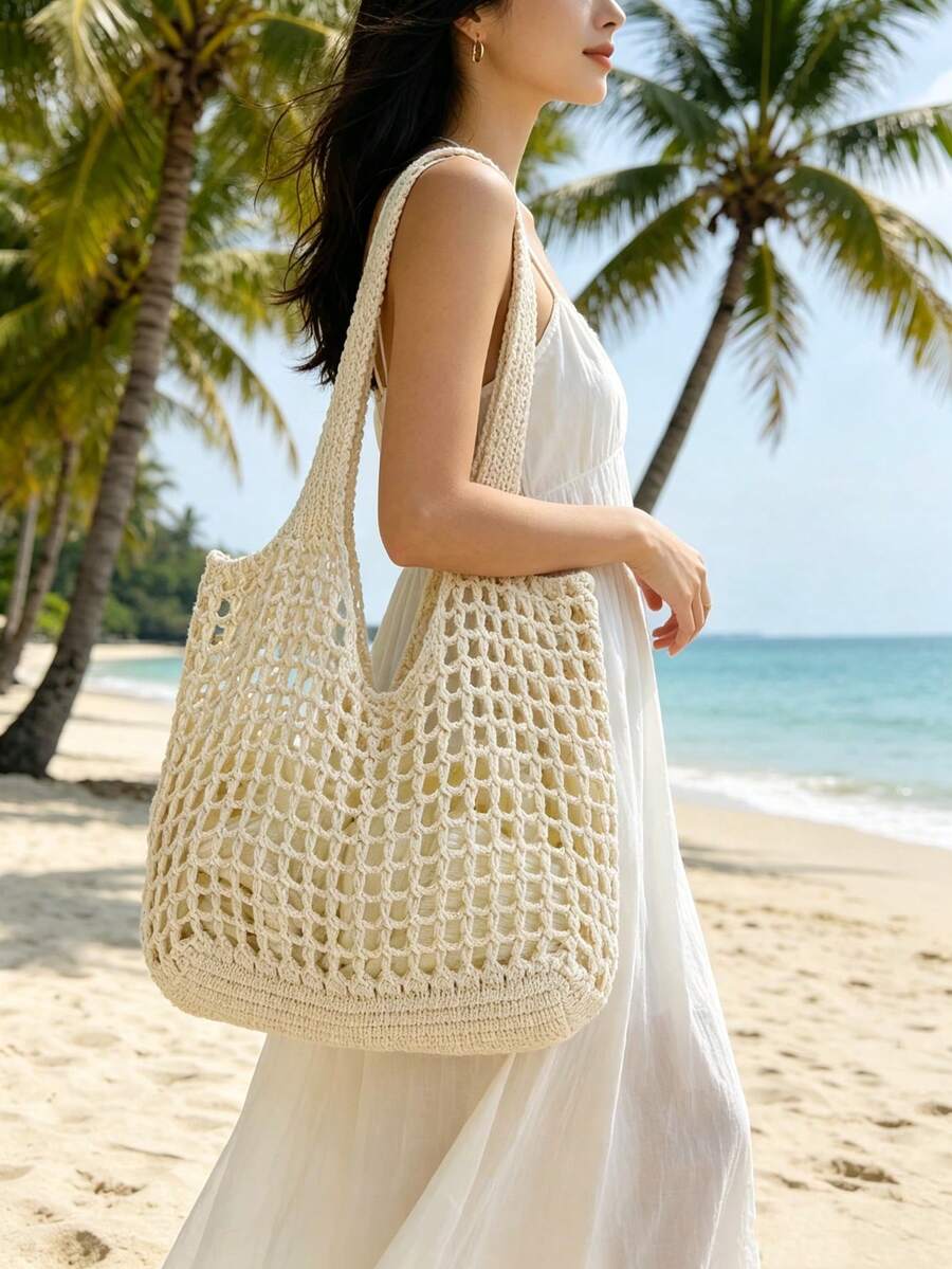 Dedoo Cream White Hollow Knit Large Capacity Tote Bag, Mesh Shopping Bag, Practical Shoulder Bag, Suitable For Vacation And Daily Outings