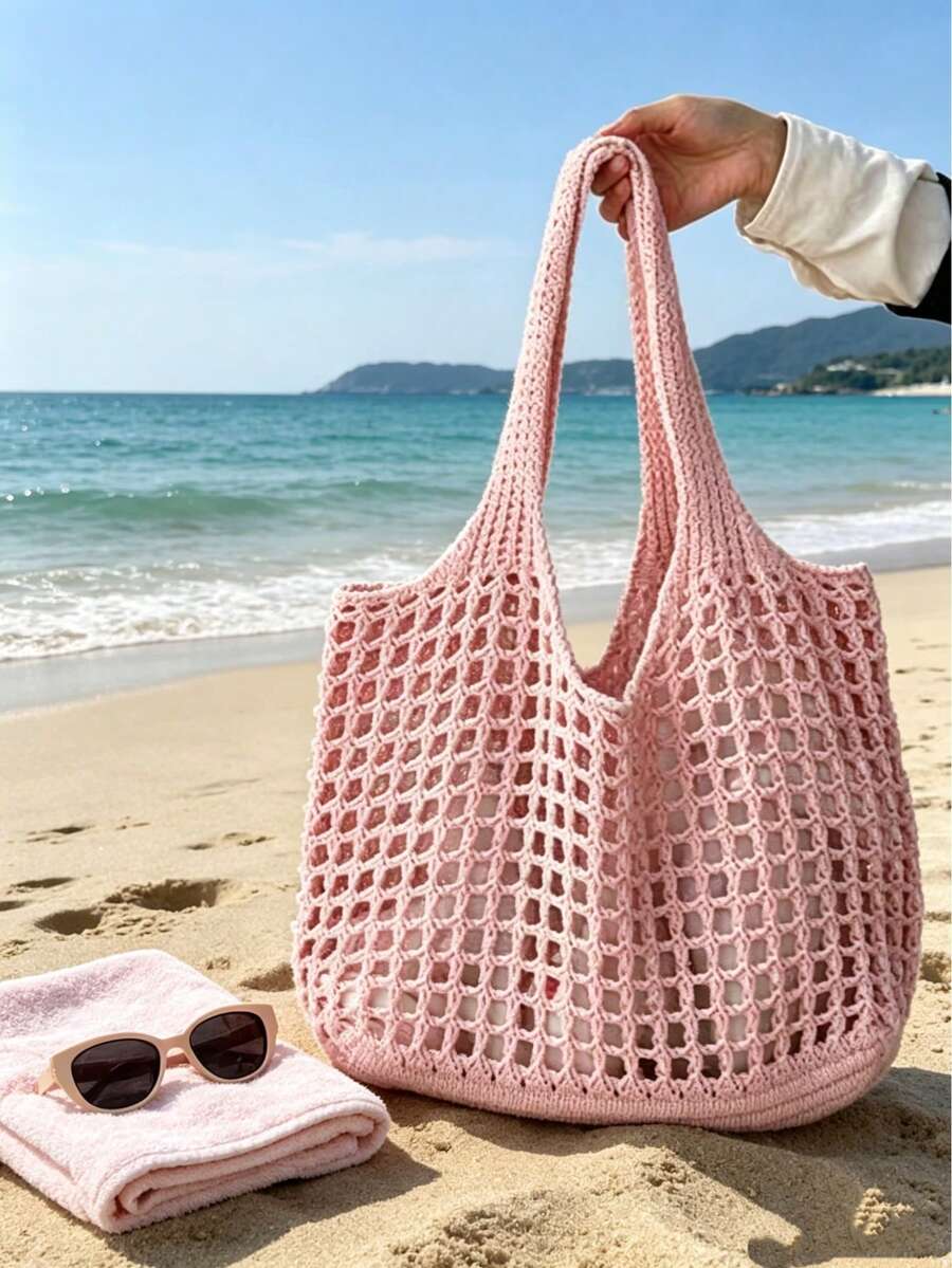 Dedoo Cream White Hollow Knit Large Capacity Tote Bag, Mesh Shopping Bag, Practical Shoulder Bag, Suitable For Vacation And Daily Outings