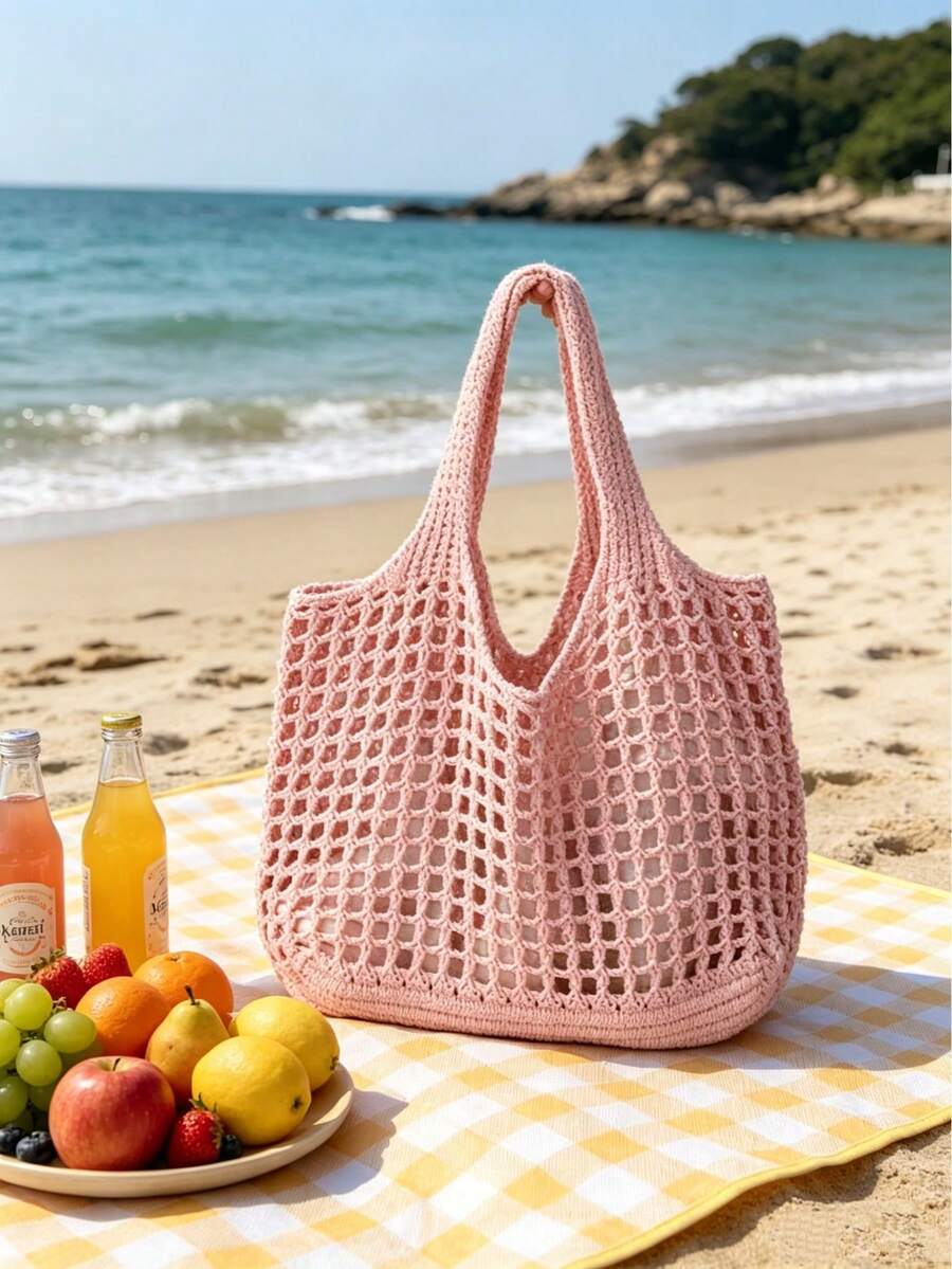Dedoo Cream White Hollow Knit Large Capacity Tote Bag, Mesh Shopping Bag, Practical Shoulder Bag, Suitable For Vacation And Daily Outings