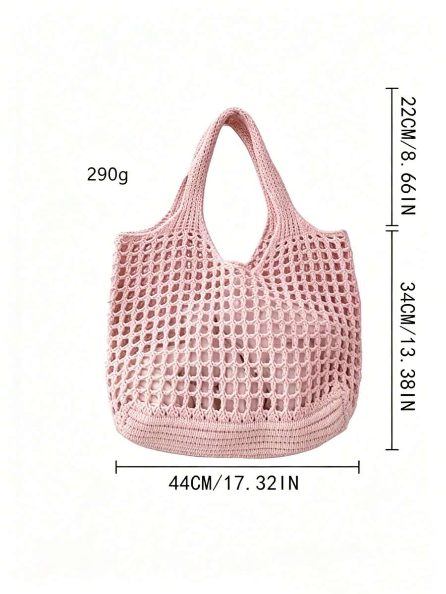 Dedoo Cream White Hollow Knit Large Capacity Tote Bag, Mesh Shopping Bag, Practical Shoulder Bag, Suitable For Vacation And Daily Outings